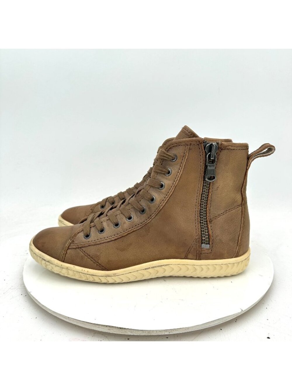 John Varvatos Men Size 7M Brown Leather Side Zip High Top Lace Up Shoes
